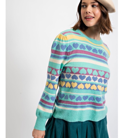 "The Monica" Blue Heart Pattern Sweater - Picture 1 of 5